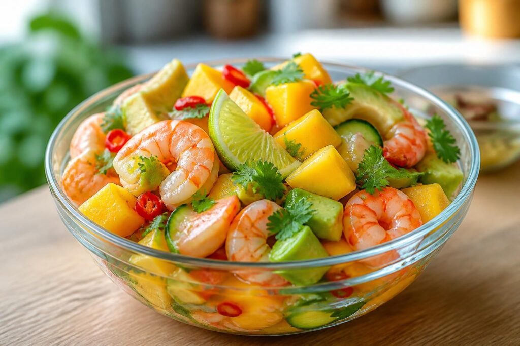 salade exotique aux crevettes : recette fraîche et pleine de saveurs